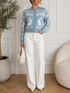 Light Blue & White Bunny Pattern Cropped Cardigan